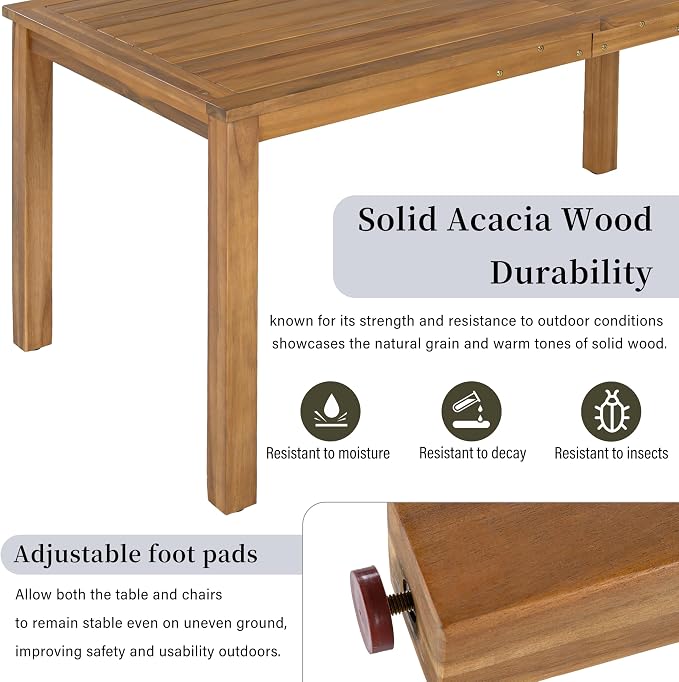 Quarte Luxury 4-Person Outdoor Dining Set: Solid Acacia Wood Table with Rope-Woven Chairs & Comfy Cushions for Patio, Garden, Poolside or Deck (Brown,Gray-R)