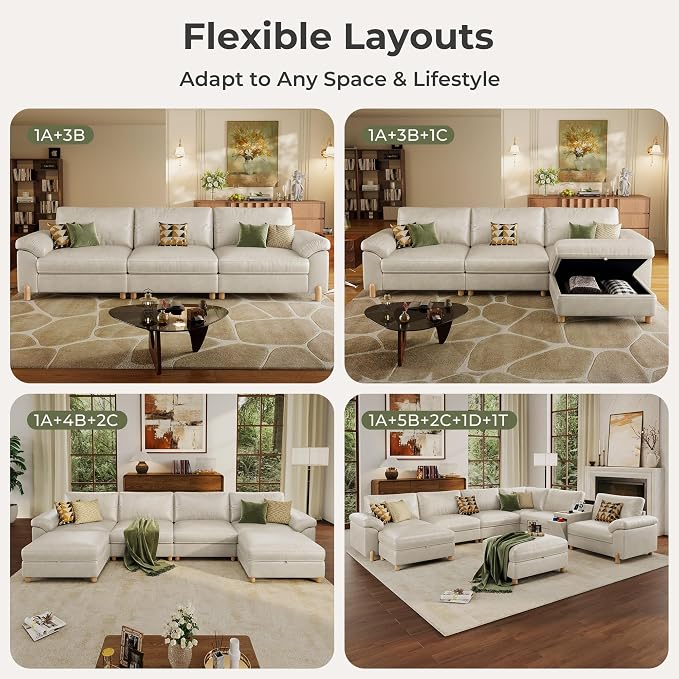 SITJOY Large Cloud Couch, 138" Wide 6 Seater V Shaped with Console, White | Pet-Friendly Scratch-Resistant Leather Sectional Sofas for Living Room, Deep Seat Wide Couch with Chaise, Storage Ottoman