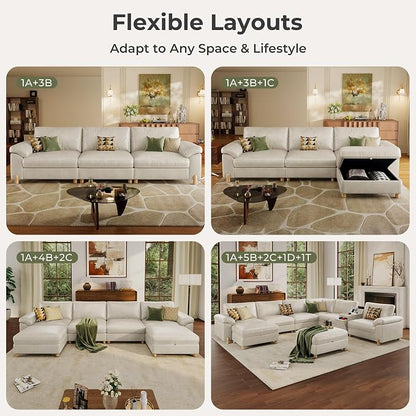 SITJOY Large Cloud Couch, 132" Wide 3 Seater L Shaped with Console, White | Pet-Friendly Scratch-Resistant Leather Sectional Sofas for Living Room, Deep Seat Wide Couch with Chaise, Storage Ottoman