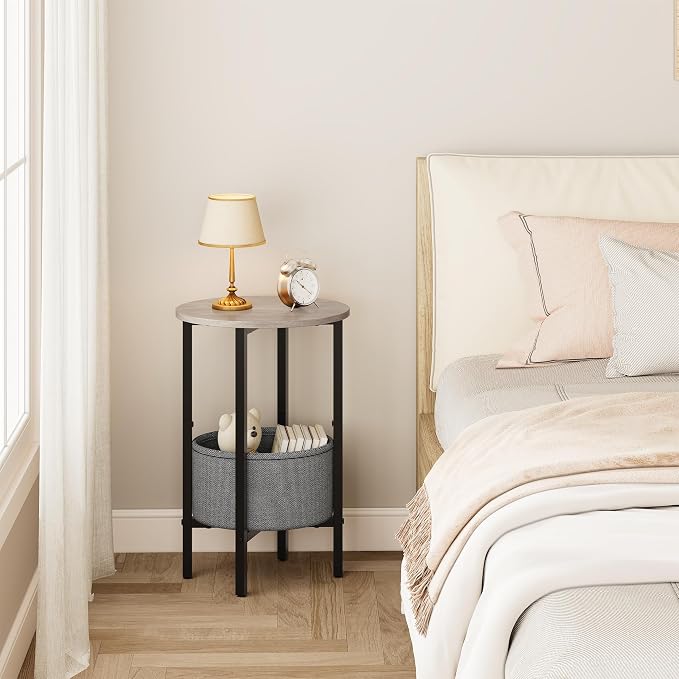 Vagusicc Round Side Table End Table with Storage Basket, Small Side Table Round Nightstand for Small Spaces, Tall Oval End Table with Steel Frame, Coffee Bedside Table for Living Room Bedroom, Greige