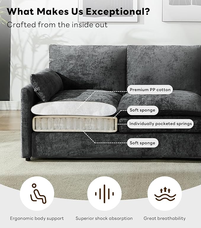Iroomy 57" Chenille Loveseat 2 Seater, Small Love Seat Sofa, Cloud Couch Thick Cushions, Pocket Springs, Compact Couches for Apartment, Living Room, Dark Gray | 9.5" Thick Cushions