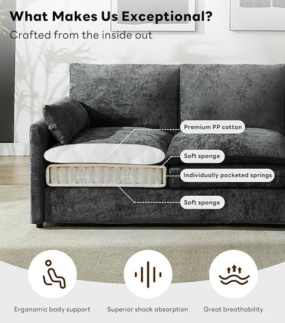 Iroomy 57" Chenille Loveseat 2 Seater, Small Love Seat Sofa, Cloud Couch Thick Cushions, Pocket Springs, Compact Couches for Apartment, Living Room, Dark Gray | 9.5" Thick Cushions