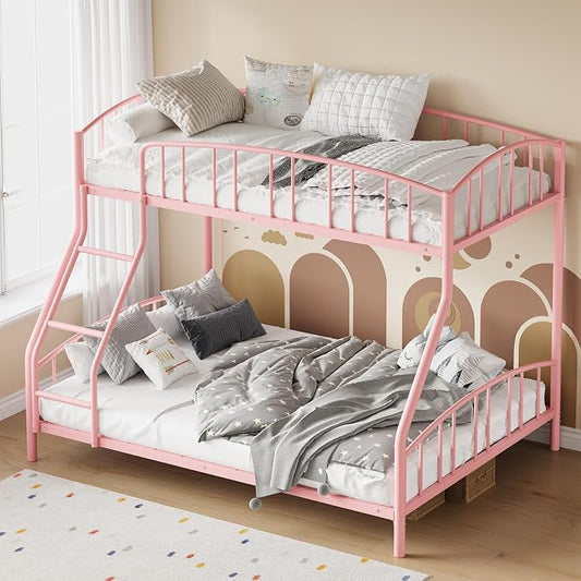 GarveeHome Metal Bunk Bed Twin Over Full, Heavy Duty Bunkbeds Frame with Arched Guardrail and Safety Ladder, Sturdy Steel Bed for Kids Boys Girls, Space-Saving, No Box Spring Needed, Pink