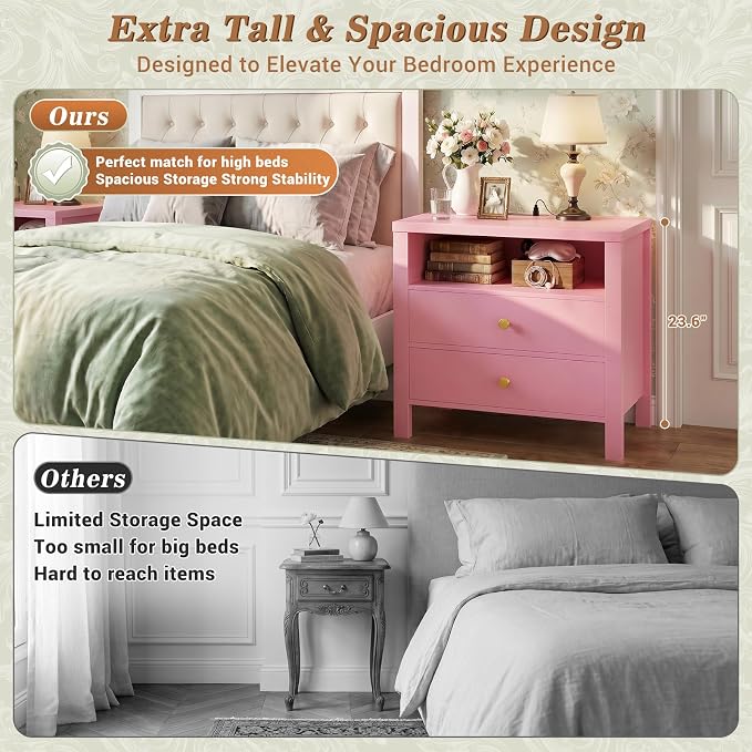 Aheaplus Nightstand with Charging Station, 23.6'' Large Bed Side Table with Wooden 2 Drawers, Night Stand for Bedroom, End Table with Open Storage Shelf for Living Room, Pink