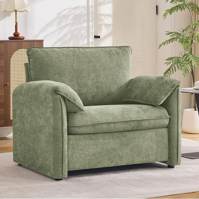 Oversized Accent Chair for Living Room, 41.73" Large Modern Armchair with Deep Seat, Mid-Century Comfy Reading Chair with Padded Arms, Chenille Single Sofa Chairs for Bedroom, Green