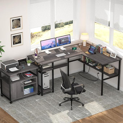 Unikito Reversible L Shaped Desk with Magic Power Outlets and USB Charging Ports, Sturdy Corner Computer Desk with Storage Shelves, Gaming Table Home Office Desk, Easy to Assemble, Enoch Walnut