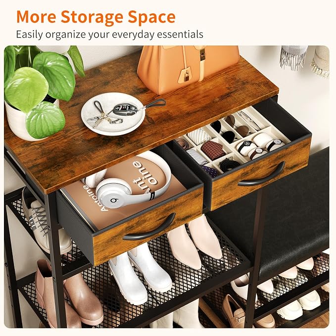 Shoe Rack Bench Shoe Rack for Entryway, Cushioned Entryway Shoe Storage with 2 Drawers & 5-Tier Organizer, Metal Frame Wood Top Narrow Space-Saving Hallway Organizer for Closet & Front Door