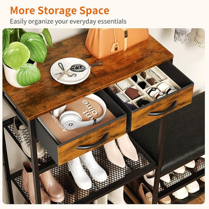 Shoe Rack Bench Shoe Rack for Entryway, Cushioned Entryway Shoe Storage with 2 Drawers & 5-Tier Organizer, Metal Frame Wood Top Narrow Space-Saving Hallway Organizer for Closet & Front Door
