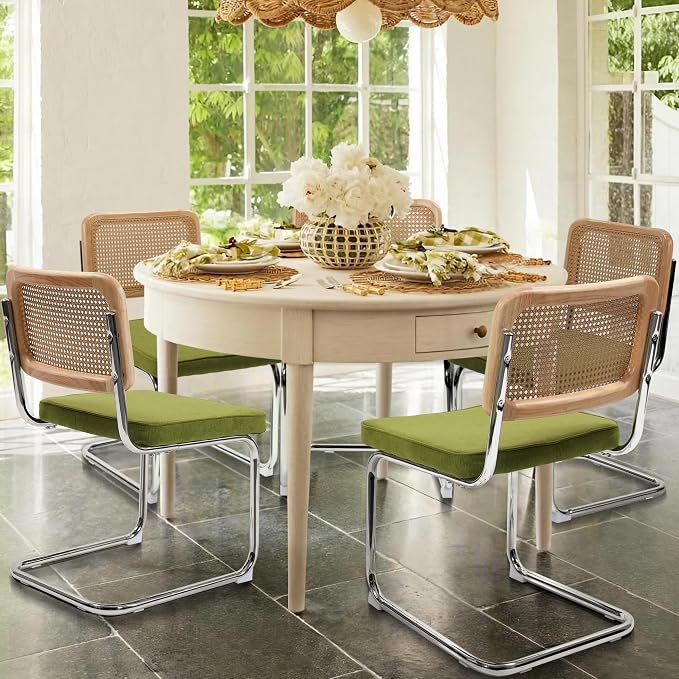 KROFEM Dining Chairs Set of 4,Modern Rattan Kitchen Chairs,Green | Mid Century Modern Design,Polished Chrome Frame,Upholstered Seat
