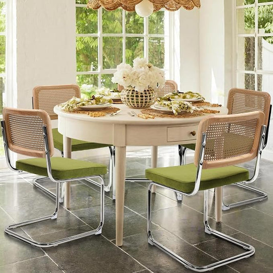 KROFEM Dining Chairs Set of 4,Modern Rattan Kitchen Chairs,Green | Mid Century Modern Design,Polished Chrome Frame,Upholstered Seat