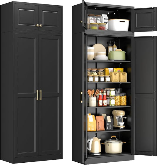 86" Tall Black Metal Storage Cabinet with Doors and 4 Adjustable Shelves, Heavy Duty Steel Pantry Cabinet for Garage, Kitchen, Extra Large Industrial Cupboard (2 Packages)