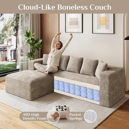 Oversized L Shaped Boneless Sectional Couches for Living Room, 107" Comfy Fluffy Cloud Modular Sectional Sofa, Plush Corduroy Memory Foam Floor Sofa with Left Facing Chaise Couch