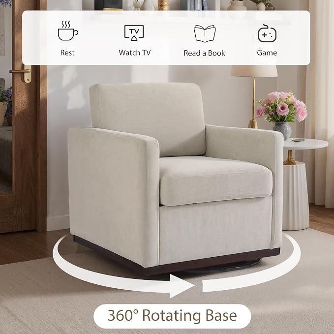 360° Swivel Accent Chairs Set of 2, 31" Wide Upholstered Club Armchairs for Living Room, Comfy Square Swivel Barrel Chair with Metal Base, Chenille Fabric, Light Sand