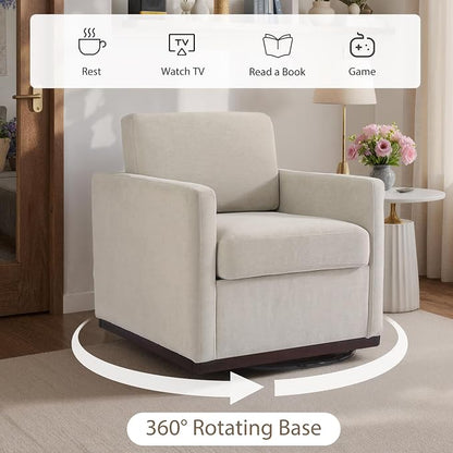 360° Swivel Accent Chairs Set of 2, 31" Wide Upholstered Club Armchairs for Living Room, Comfy Square Swivel Barrel Chair with Metal Base, Chenille Fabric, Light Sand