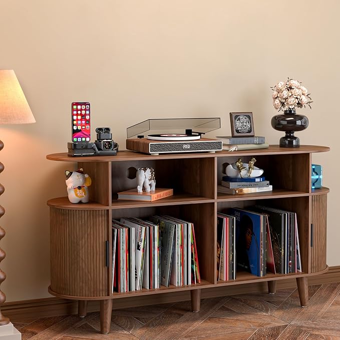 LUVIOHOME Large Round Record Player Stand with Charging Station & USB Ports，Record Storage Cabinet, Mid Century Modern Turntable Stand for Bedroom Living Room (Walnut)