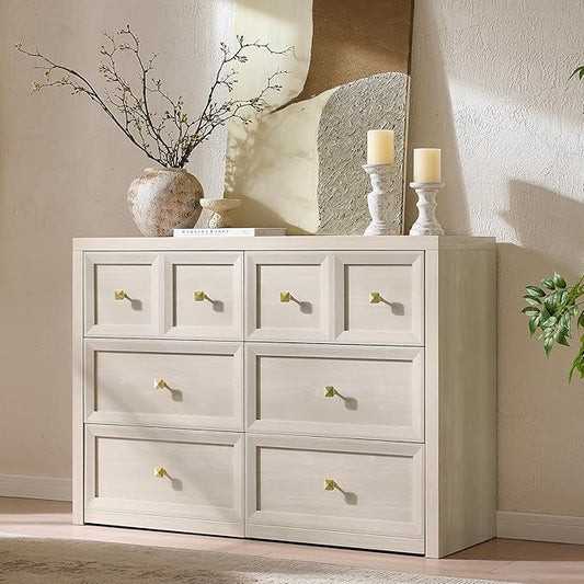6 Drawers Dresser for Bedroom-46.5" Wide Wooden Chest of Drawers with Large Storage, Long Dresser TV Stand with Drawers, Farmhouse Closet Dressers for Living Room Bedroom, Grey White