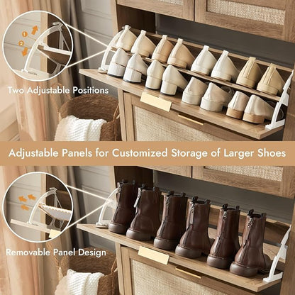 HOKYHOKY Rattan Shoe Storage Cabinet with 2 Drawers & 2 Flip Drawers – Hidden Slim Shoe Organizer for Entryway, Large Tabletop Space, Farmhouse Boho Narrow Shoe Rack, Rustic Oak