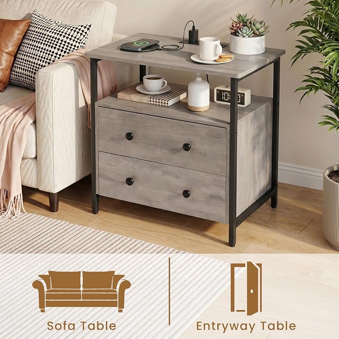 Edbuosy 27 inch Wide Night Stand with Charging Station, Bedside Table with Open Shelf, 2 Drawers Small Wood Dresser, Modern Wood Nightstand for Bedroom/Living Room, Rustic Gray