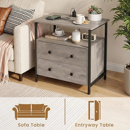 Edbuosy 27 inch Wide Night Stand with Charging Station, Bedside Table with Open Shelf, 2 Drawers Small Wood Dresser, Modern Wood Nightstand for Bedroom/Living Room, Rustic Gray