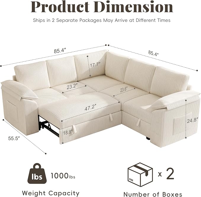85 Inch Modular Sectional Sofa with Pull Out Couch Bed, L Shaped 5 Seat Sectional Couch with Storage, Corduroy Sectional Couches for Living Room, Cloud Modular Couch, Removable Sofa Cover, Beige