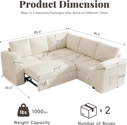 85 Inch Modular Sectional Sofa with Pull Out Couch Bed, L Shaped 5 Seat Sectional Couch with Storage, Corduroy Sectional Couches for Living Room, Cloud Modular Couch, Removable Sofa Cover, Beige