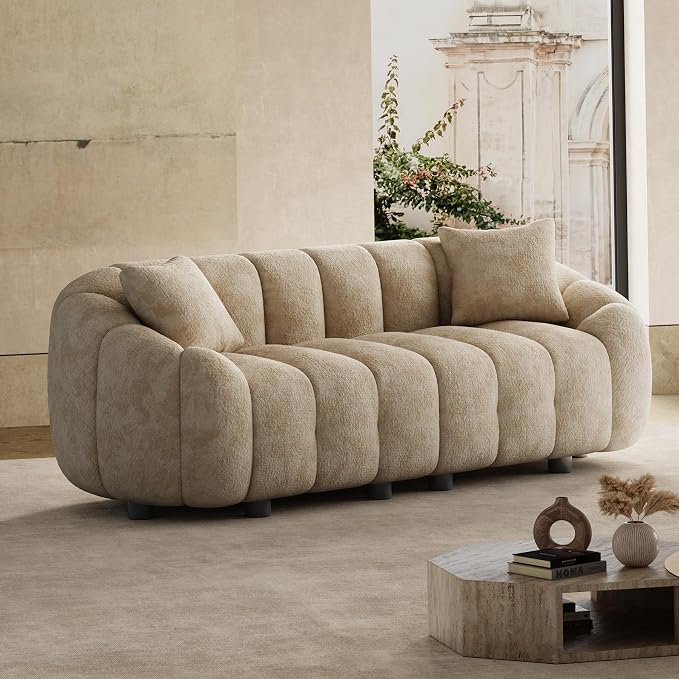 92" Oversized Minimalistic Boucle Sofa for Living Room, Luxury Plush Extra Deep Seat Tufted Sofa, Modern Comfy Curved Cloud Couch, Upholstered 3-Seater Chenille Couches, Light Brown