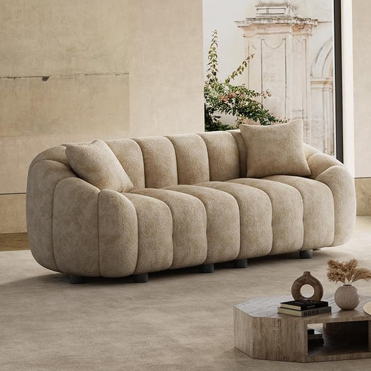 92" Oversized Minimalistic Boucle Sofa for Living Room, Luxury Plush Extra Deep Seat Tufted Sofa, Modern Comfy Curved Cloud Couch, Upholstered 3-Seater Chenille Couches, Light Brown
