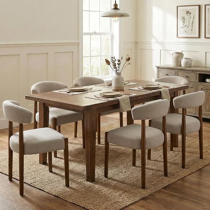 VKNOW Wooden Dining Chairs Set of 6, Modern Upholstered Dining Room Chairs with Walnut Wood Legs and Curved Backrest, Fabric Kitchen Chairs for Farmhouse/Living Room/Dining Room, Beige