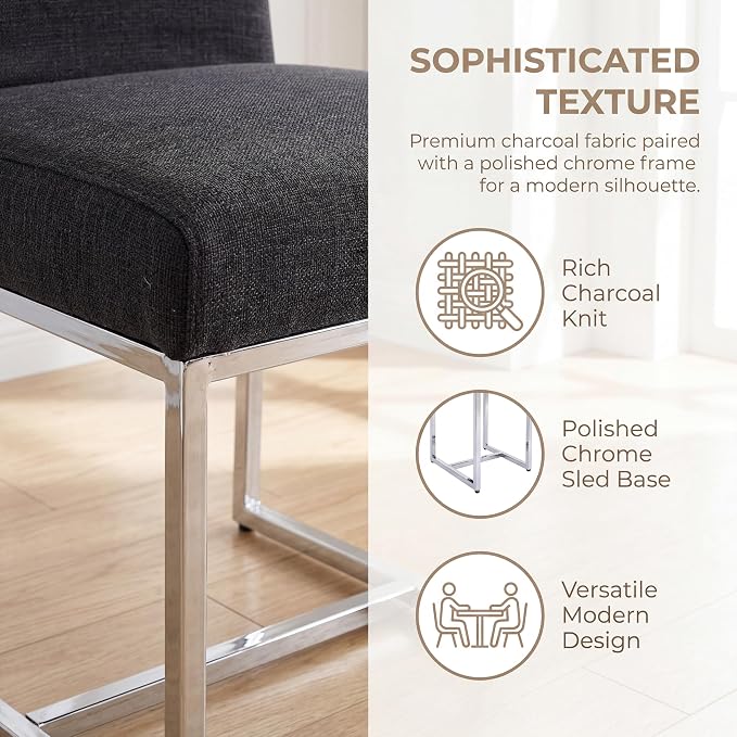 HNY Modern Dining Chairs Set of 2, Upholstered Linen Dining Room Chairs with Ergonomic Back & Polished Silver Metal Frame for Home, Kitchen, Apartment, Charcoal Black