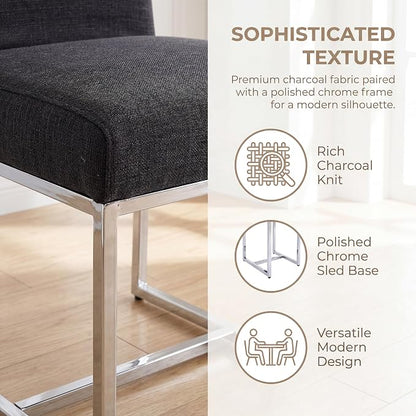 HNY Modern Dining Chairs Set of 2, Upholstered Linen Dining Room Chairs with Ergonomic Back & Polished Silver Metal Frame for Home, Kitchen, Apartment, Charcoal Black