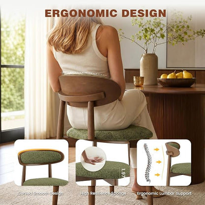 Wooden Dining Chairs Set of 2, Modern Fabric Upholstered Dining Room Chair, Kitchen Side Chairs, Farmhouse Dinner Chair with Curved Back for Kitchen, Green