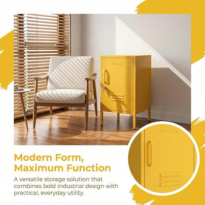 Single Door Lockable Metal End Table & Children's Bedside Table, 2-Tier Storage Cabinet with Adjustable Shelf, Easy Assembly Side Table for Living Room Bedroom Home Office Yellow