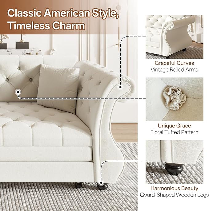 83.8" Oversized Pull Out Sofa Bed, Chesterfield Velvet Sleeper Sofa Couch with Roll Arm & Flower Tufting, Heavy Duty Metal Frame Convertible Sofa for Living Room, Apartment, Guest Room, Beige