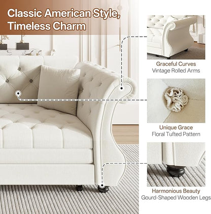 83.8" Oversized Pull Out Sofa Bed, Chesterfield Velvet Sleeper Sofa Couch with Roll Arm & Flower Tufting, Heavy Duty Metal Frame Convertible Sofa for Living Room, Apartment, Guest Room, Beige