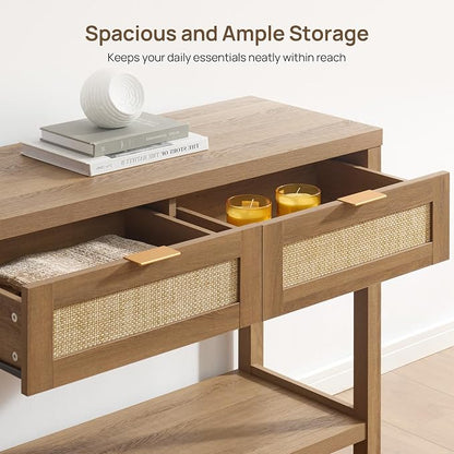 SICOTAS Console Table with Rattan Drawers - Boho Rattan Entryway Table with Storage, Small Console Tables for Entryway, Entry Tables for Hallway