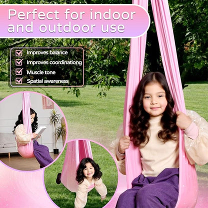 Sensory Swing for Kids and Adults Indoor & Outdoor Double Layer Therapy Cuddle Holds up to 300lbs Adjustable Hammock Chair with 360° Swivel Hanger Kit Effect for Aspergers Autism ADHD(Fantasy Pink)
