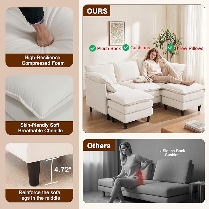 3 Seater U-Shape Couch Sofa with Ottomans, 69" Small Couch Modern Comfy Cloud Sofa with 23" Deep Washable Pillow ChenilleCover Couches for Living Room Bedroom Apartment Office 69-Beige-U
