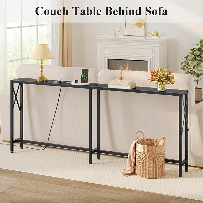 Gewudraw Console Table Narrow Long, Behind Couch Table with Oulets & USB Ports, Industrial Long Skinny Stand for Entryway,Hallway, Living Room, Bedroom Black, 7.9" D x 70" W x 30.3" H