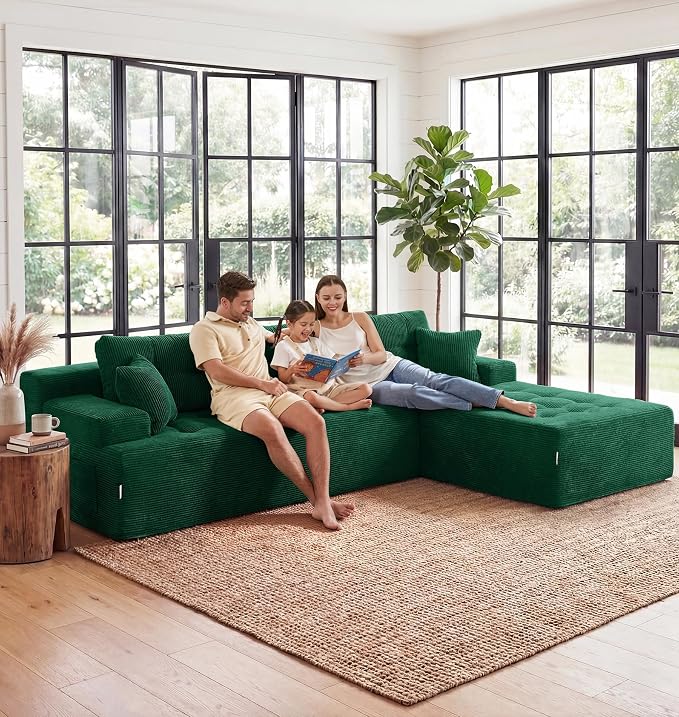Hobestluk Modular Sectional Sofa Couches L-Shape Couch 3 Seat Modular Sofa Memory Foam Sectional Couches for Living Room, Cloud Couch (Emerald Corduroy, 108", Right Hand Facing)