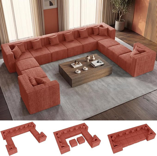 MONVANE Modular Sectional Sofa, Oversized 12 Seat Convertible U Shaped Couch with Ottoman, Comfy Chenille Cloud Couch with Deep Seat, Sectional Couches for Living Room, No Assembly Required, Rust Red