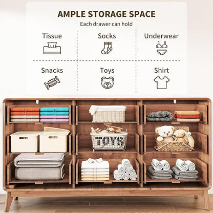 3-Piece Farmhouse Bedroom Storage Set, 9-Drawer Dresser & Nightstands Set of 2 with Charging Station, Handle-Less Design, Rounded Corners, Anti-Tip Safety Furniture, Natural