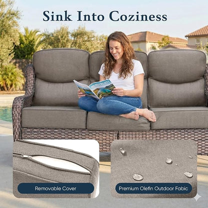 Belord Luxury 6" Thick Cushioned PE Wicker 3-Seater Outdoor Couch, All-Weather Comfortable Modern Patio Sofa, High Back Deep Seat Woven Outdoor Furniture for Porch Balcony, Lawn, Deck - BrownGrey