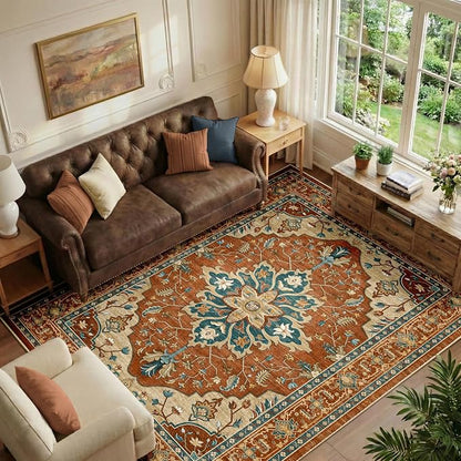 RELEANY Area Rugs 6'x8' Washable Non-Slip, Floral Vintage Distress Medallion Carpet for Living Room Bedroom Dining Room, Red Orange Blue Brown