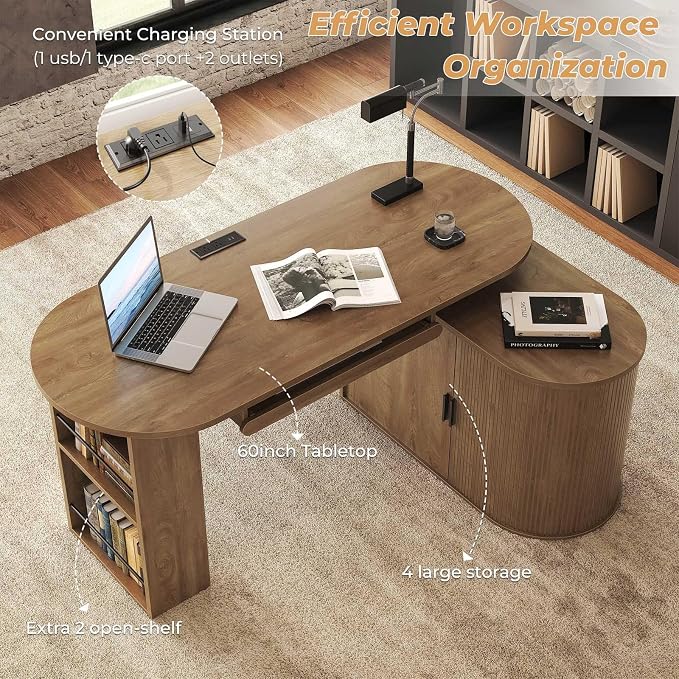 HSH Reversible L Shaped Desk with Storage, Computer Desk with Keyboard Tray | 60" Modern Annual Ring Wood Executive Office Desk, Adjustable Corner Design for Gaming Spaces and Home Workstations