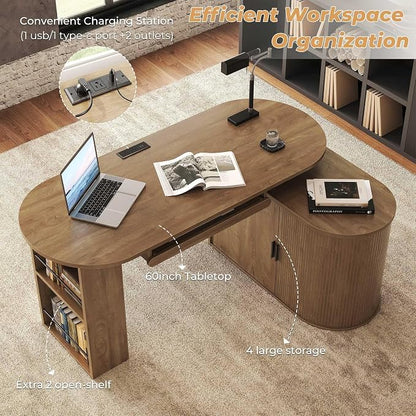 HSH Reversible L Shaped Desk with Storage, Computer Desk with Keyboard Tray | 60" Modern Annual Ring Wood Executive Office Desk, Adjustable Corner Design for Gaming Spaces and Home Workstations