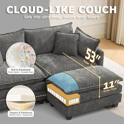 113” Modular Sectional Sofa, L Shaped Cloud Couch with Movable Ottoman, Comfy Chenille Deep Seat Sofa with Throw Pillows, 4 Seat Modern Couches for Living Room Bedroom Apartment, Grey