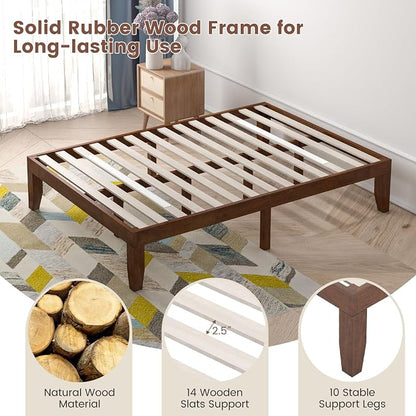 Giantex 14 Inch Full Platform Bed Frame, Minimalist Style Mattress Foundation with Solid Rubber Wood, Heavy Duty Wood Slat Support, Without Headboard, Easy Assembly, No Box Spring Needed,Walnut