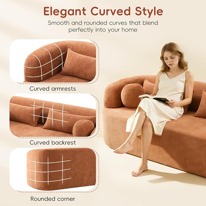 86" Chenille Cloud Loveseat Couch - Frameless Memory Foam Sofa with Pocket Springs | No Assembly Luxury 3-Seater Modern Curved Floor Sofa in a Box for Living Room & Apartment | Breathable material
