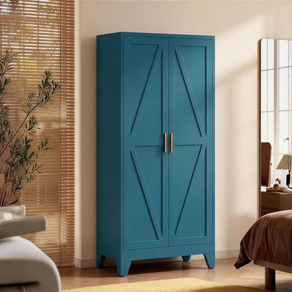 71" H Blue Armoire Wardrobe Closets,Metal Wardrobe Closet with Doors and Shelves
