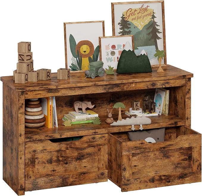 IRONCK Toy Storage Organizer with Drawers, Floor Toy Box with Wheels and Shelf, Storage Chest for Nursery, Playroom, and Bedroom, Vintage Brown